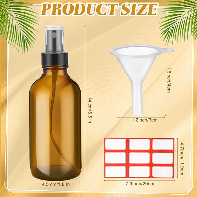 Fumete 2 Pack Glass Bottles 4oz Empty Refillable Liquid Containers with 1 Label 1 Funnel for Essential Oils Hair Travel Plants Cleaning Skin Care(Amber, Black Top,Mist Bottle)