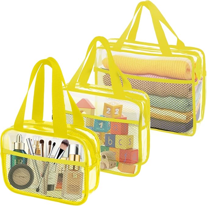 XEWEA Clear Travel Toiletry Bags, 3 Pack TSA Approved Transparent Makeup Bag for Men Women,Large Waterproof PVC Quart Organizer Kit with Zipper for Toiletries Airline Essential,Toy Pouch Yellow