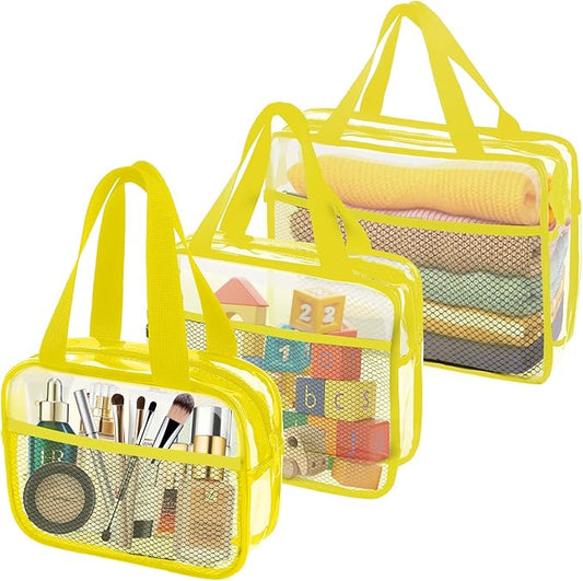 XEWEA Clear Travel Toiletry Bags, 3 Pack TSA Approved Transparent Makeup Bag for Men Women,Large Waterproof PVC Quart Organizer Kit with Zipper for Toiletries Airline Essential,Toy Pouch Yellow