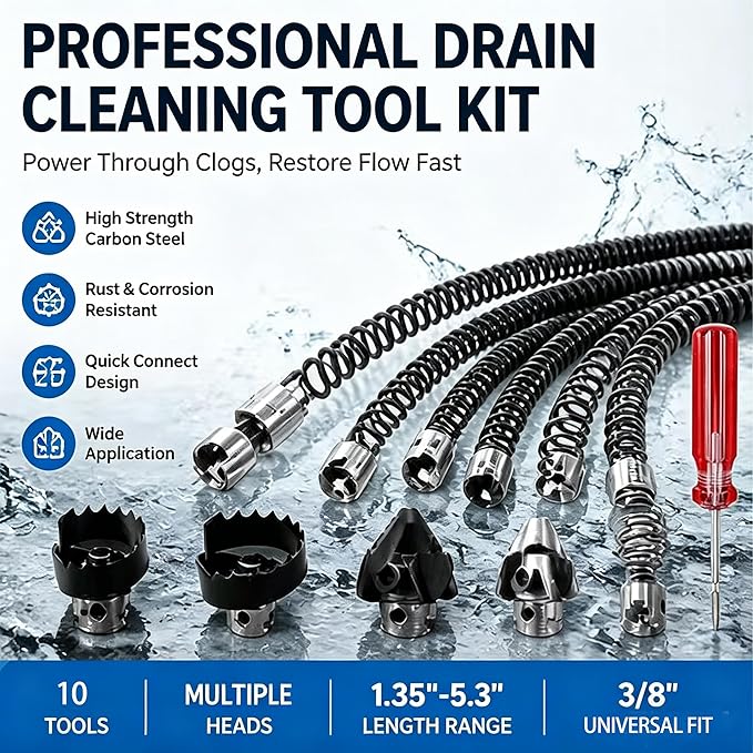 10Pcs Drain Snake Drill Attachment， Drain Auger Cutter Kit, Fit K-400 C-4 C-6 C-7 C-8 C-9 Cleaning Machines, 5/8 Inch Cable Heads for 5/16" 3/8" Drain Clog Remover
