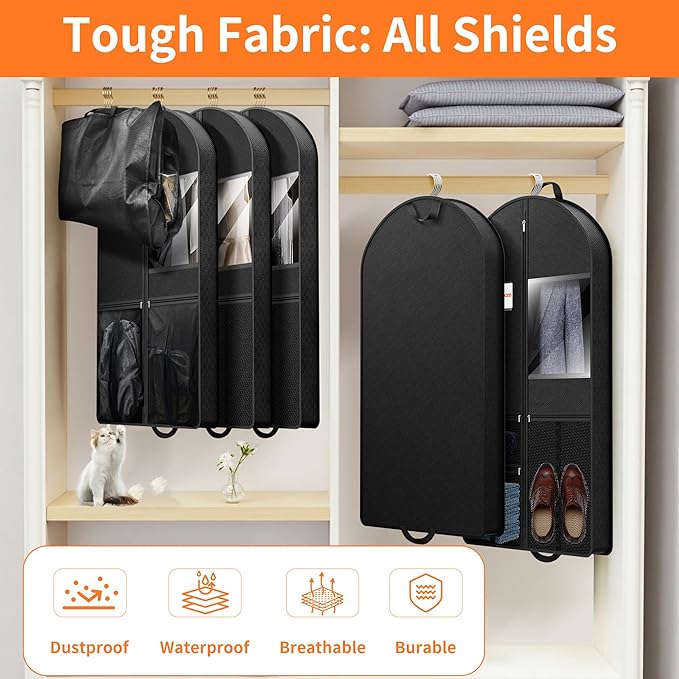 Garment Bag Travel Suit Storage: 54 Inch 3 Packs Fabric Breathable Zippered - Clothes Covers Carry Shoe Pockets Lightweight - Men Travel Wardrobe Protector Hanging Up Multiple