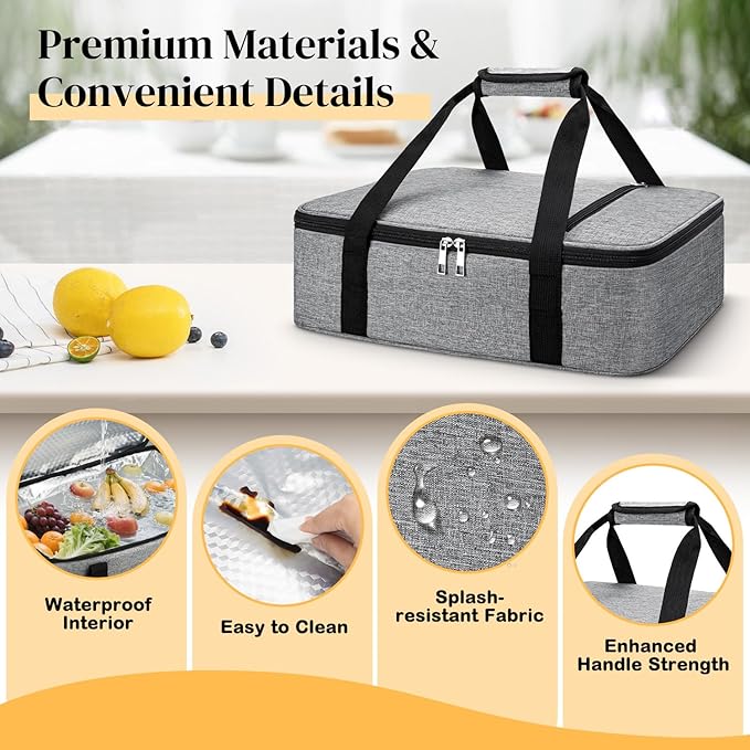 Coobiiya Insulated Casserole Carrier – Portable Tote for Hot or Cold Food, Warmer & Cooler Bag Lunch Bag, Fits 9" x 13" Baking Dish, Ideal for Potluck Parties – Grey