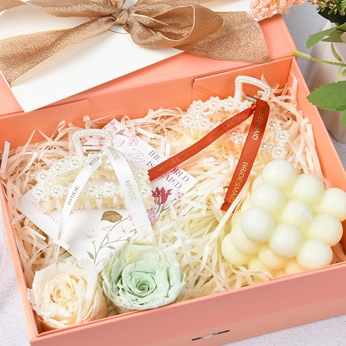 DEEKA Bridesmaid Proposal Gifts 8 Pack Pearl Bridesmaid Hair Claw Clips with Ribbon 3 Inch Hair Clips Bachelorette Party Favors Bridal Party Present Hair Accessories (Half Circle White&Orange)