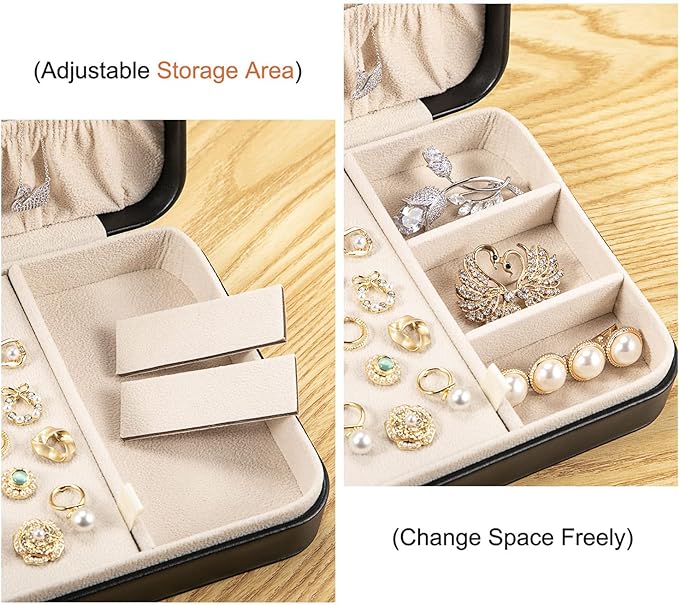 LANDICI Small Jewelry Box for Women Girls, PU Leather Travel Jewelry Case, Portable Jewelry Organizer Storage Holder Display for Ring Earrings Necklace Bracelet Bangle Men Kids Gift, Black