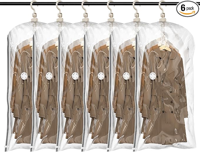 TAILI Hanging Vacuum Storage Bags, Space Saver Bags for Clothes Travel, Coats, Suits and Jackets, Clear, 6 Pack Short, 31 x 15 x 40 inches