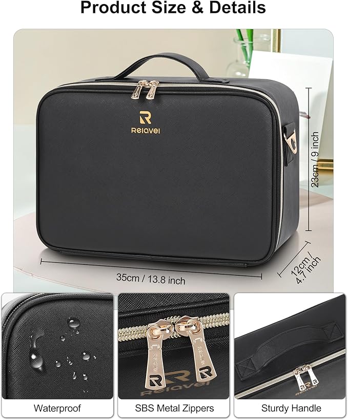 Relavel Makeup Train Case With LED Mirror, Professional Travel Cosmetic Bag with Removable Partitions, Compact Makeup Organizer, Waterproof Toiletry Case for Women, Black