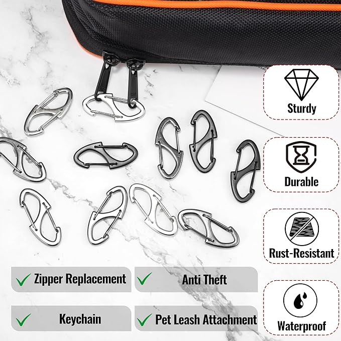 20Pcs Zipper Clips Anti Theft, Zipper Pull Replacement for Backpacks, Dual S Shaped Small Carabiner Clip Theft Deterrent for Suitcase, Keep Luggage Closed, Silver and Gunmetal Black