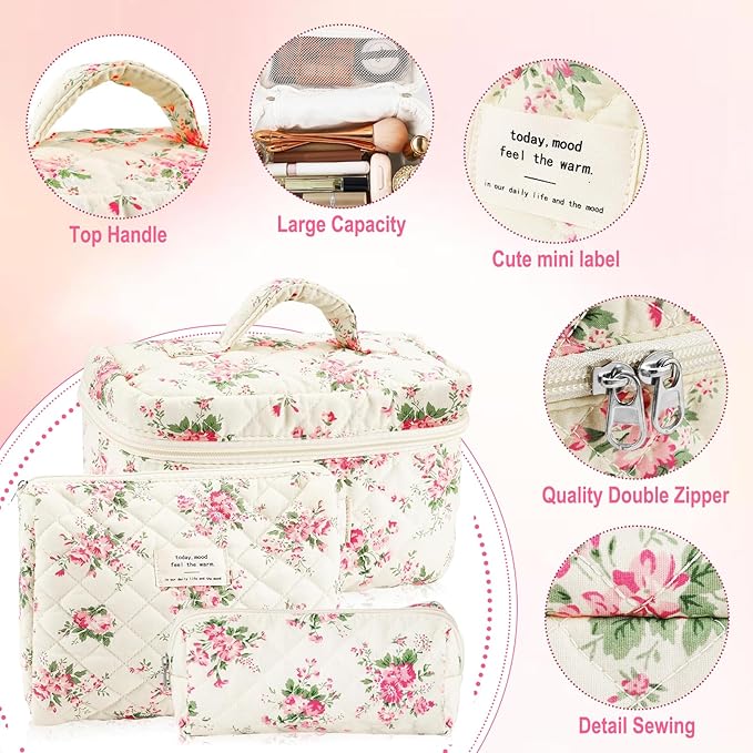 3Pcs Cotton Quilted Makeup Bag for Women Girls Large Small Travel Pink Floral Cosmetic Bags Set Cute Coquette Makeup Pouch for Purse Aesthetic Cloth Flower Storage Toiletry Bag Organizer
