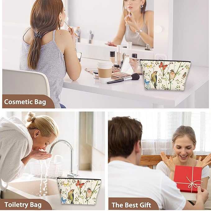 Vintage Bird Butterfly Makeup Bag Travel Cosmetic Bag for Women,Floral Small Make up Pouch Travel Bags for Toiletries Aesthetic Accessories Waterproof Gifts