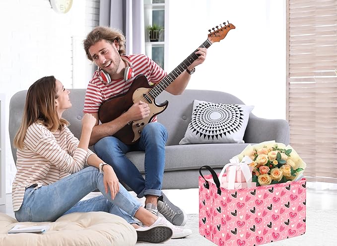 KUNRO Rectang Heart Valentine's Storage Basket Gift Shelf Basket Storage Bin, Nursery Basket Organizer Box for With Handles for Room Deco