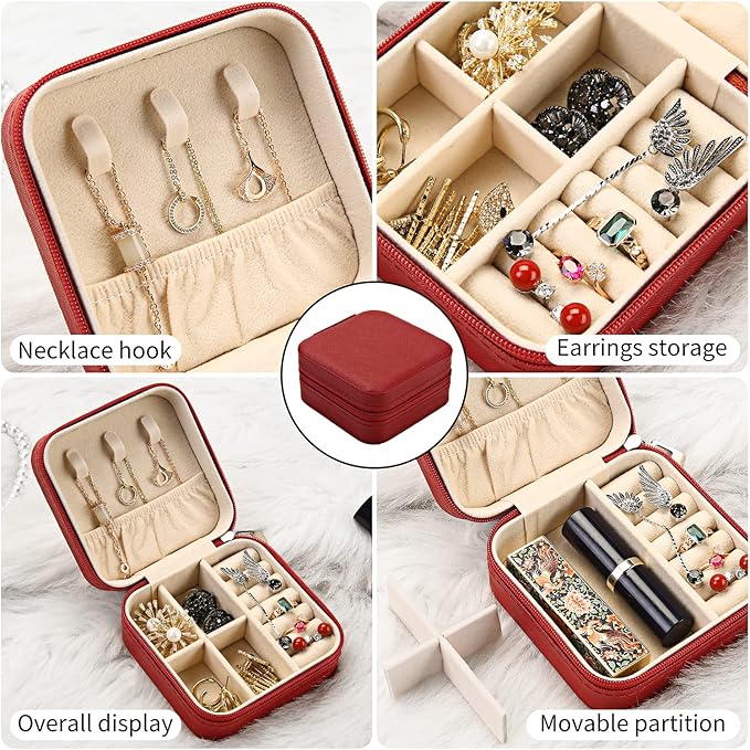 Mini Jewelry Travel Case, Small Portable Jewellry Organizer Box Portable Display Storage Box for Rings Earrings Necklaces, Gifts for Girl, Women, Wedding, Birthday,New Year,Christmas Gifts(Red)