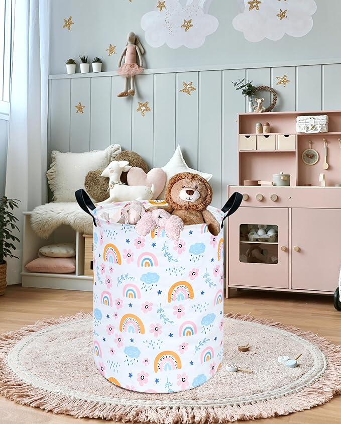 Rainbow Print Round Laundry Hamper Storage Basket Bins Clothes Nursery Hamper for Home, Gift Storage Bins with Handles