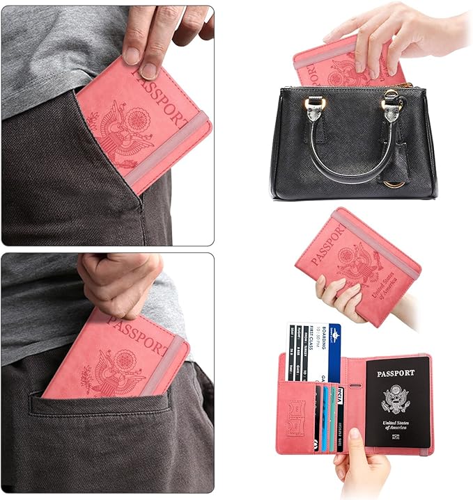 WALNEW Passport Holder for Travel, RFID Passport Cover Wallet for Women Men, PU Leather Passport Book Card Holder Case with Pen, Travelling Essentials for Flying