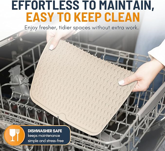 Silicone Dish Drying Mat for Kitchen Counter - Multi-Use 16 x 12 Inch Pad, Non-Slip & Heat-Resistant, Perfect Dish Drainer Mat by Linda’s Essentials, Ideal Kitchen Accessory (Beige)