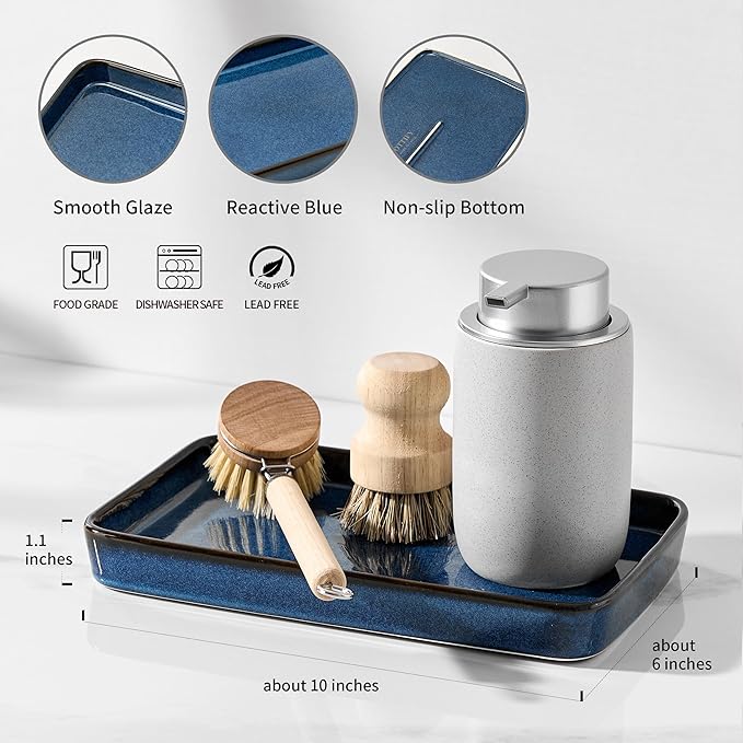 10"×6"×1" Bathroom Vanity Tray for Countertop- Ceramic Decorative Organizer Tray for Dresser Tops, Toilet, Perfume, Sponge Holder Soap Dish Dispenser for Kitchen Counter- Kiln-Transformed Blue