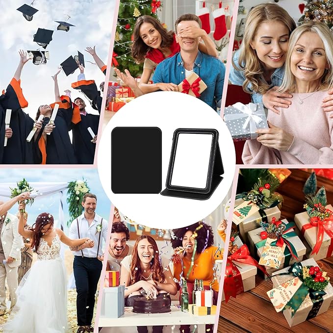 Folding Travel Mirror PU Portable Adjustable Rectangular Ultrathin Vanity Mirror with Stand, Small Makeup Mrror for Purse, Travel, Camping, Home, Office, Gifts (Black)