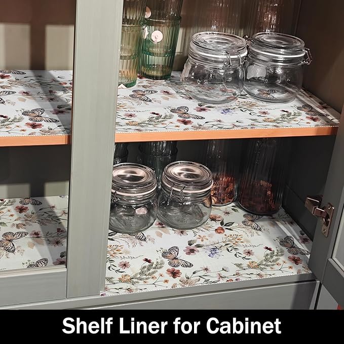 Floral Shelf Liners Non Adhesive 16IN x 20FT and Strong Non-Slip Shelf and Drawer Liners for Kitchen Cabinet Wire Fridge, Waterproof Shelf Drawer Liner,Easy to Clean,Butterfly