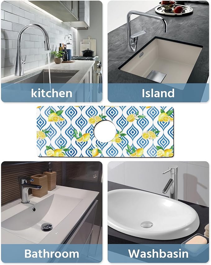 Patterned Sink Faucet Mat Kitchen Splash Guard Super Absorbent Drying Mat, Non-Slip Drain Pad for Kitchen Counter or Bathroom-24x5.5in