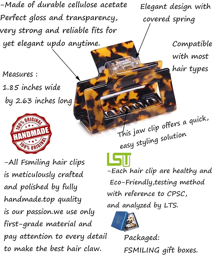 2 Pack Cutout Tortoise and Leopard Square Celluloid Acetate Jaw Clips for Thick Hair