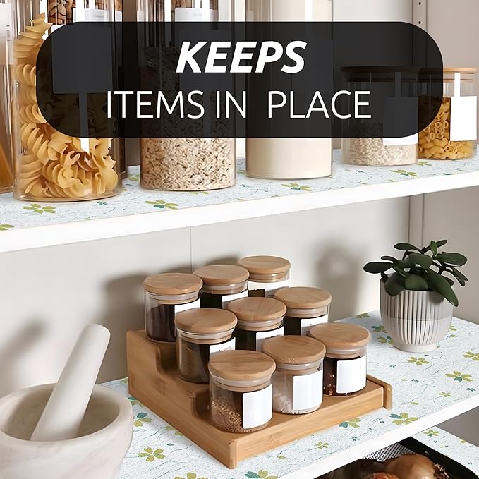 RAY STAR 18X96 Inch Shelf Liner for Kitchen Cabinets, Non-Adhesive Cabinet Liner Washable, PVC Drawer Liner for Dresser Non-Slip Bathroom (Green-Floral)(4 Roll)