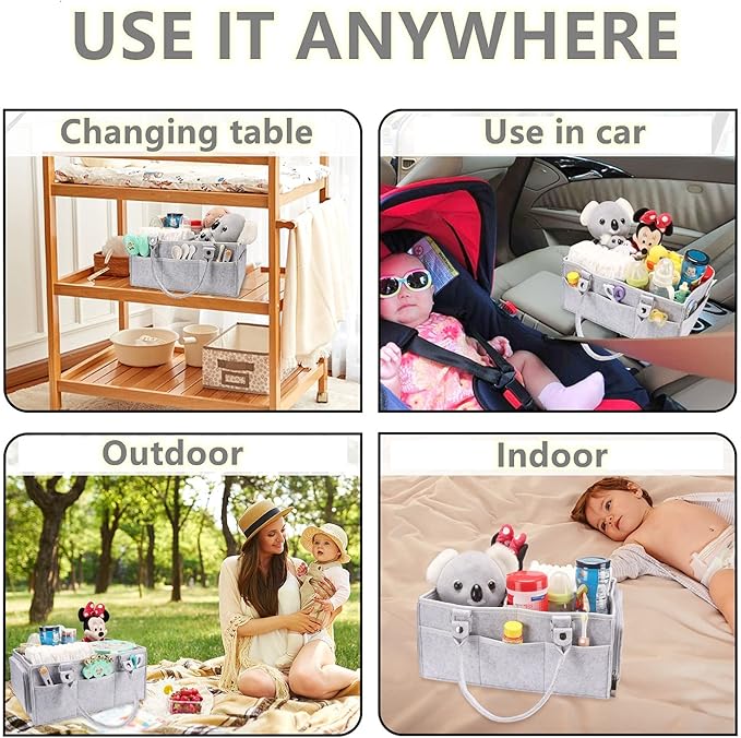 Baby Diaper Caddy Organizer with Handle - Gender Neutral Nursery Storage Bin Basket - Portable Tote Bag - Car Organizer - Newborn Essentials - Grey