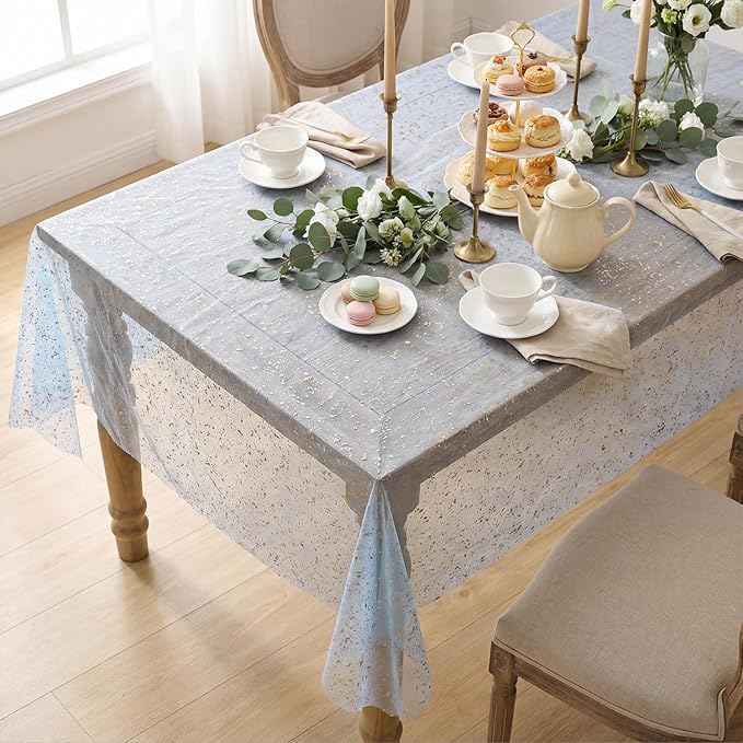 Horaldaily Blue Gold Gauze Tablecloth 60x84 Inch Rectangular, Golden Sequin Glitter Metallic Foil, Sheer Tulle Cheesecloth for Wedding Baby Shower Ceremony Birthday