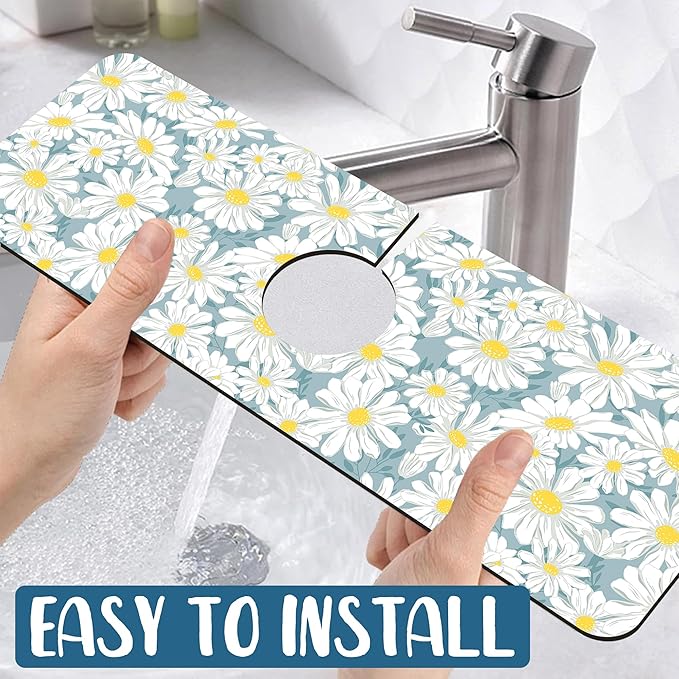 White Flower Sink Splash Guard Cute Chamomile Faucet Absorbing Mat Fast Drying Mat Sink Gadgets Splash Guard Behind Faucet Drip Catcher for Kitchen Bathroom, 15.5"x5.5"