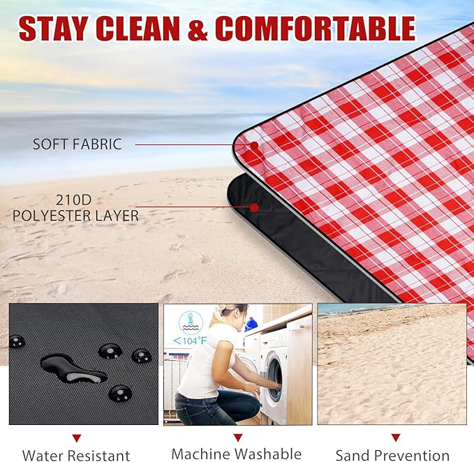 G GOOD GAIN Picnic Outdoor Blankets Waterproof Large - Beach Mat Sand Free Foldable with Carry Strap | Portable Camping Blanket | Park Blanket for Grass Park, Hiking, Travel, Concerts（RedPlaid）