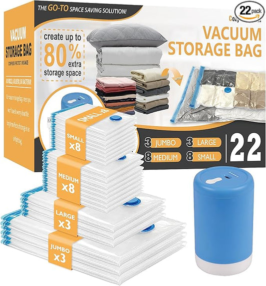Cozy Essential 22 Pack Vacuum Storage Bags with Portable Rechargeable Wireless Electric Pump, Vacuum Seal Space Saver Bags for Clothing, Pillows, Blanket, Bedding, Comforter