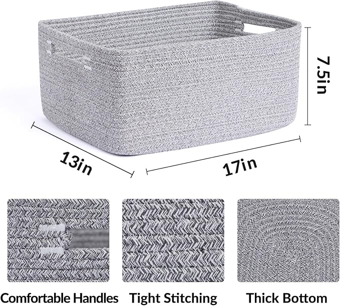 MiniArk Large Storage Baskets for Shelves, Closet Organizer Bins for Clothes, Blankets, Towels, Baby Nursery, Toy Baskets Box, Woven Rope Baskets, 17 x 13 x 7.5”, 3 Packs Mixed Grey