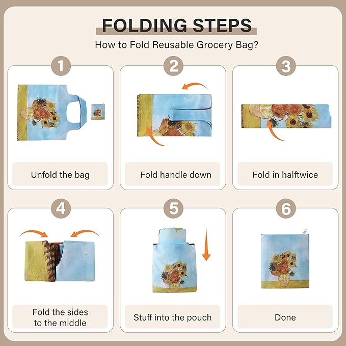 Reusable Grocery Bags, Oil Painting Art Tote Bags With Carry Pouch Waterproof Shopping Bags for Travel Daily Use