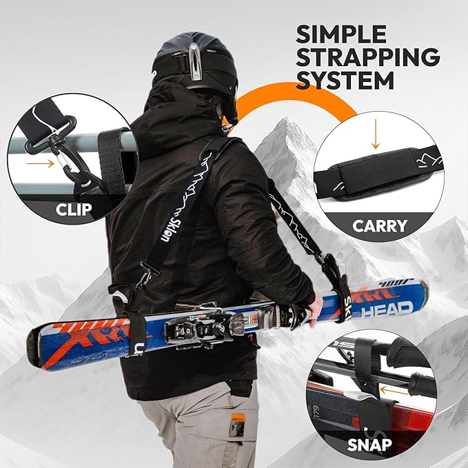 Sklon Ski Strap and Pole Carrier | Avoid the Struggle and Effortlessly Transport Your Ski Gear Everywhere You Go | Features Cushioned Shoulder Sling | Great for Families - Men, Women and Kids - Black