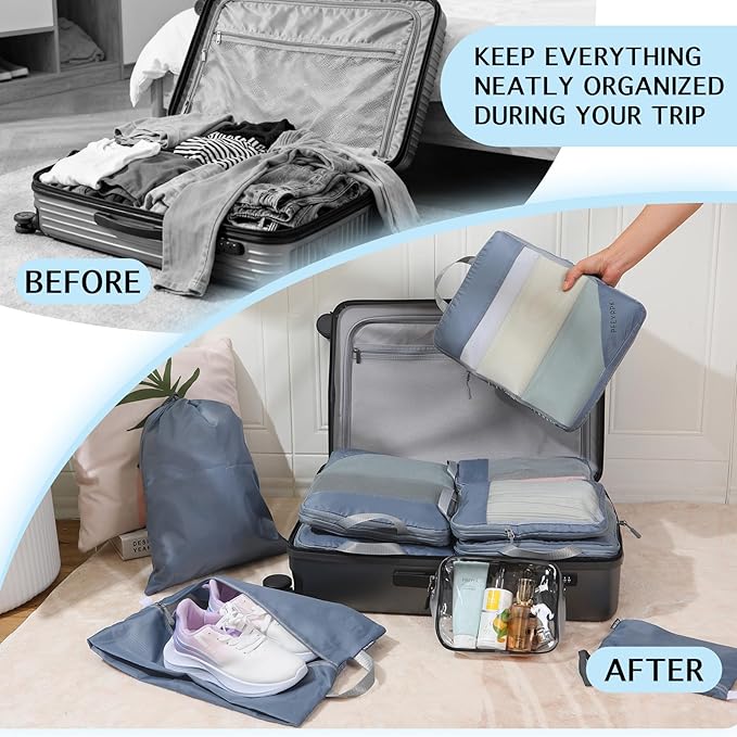 PFEYRPK Lightweight Compression Packing Cubes for Suitcases, Compressible Expandable Travel Packing Organizer with Clear Toiletries and Backpack Bag, Travel Essentials for Carry-on Luggage, 7-Piece Set