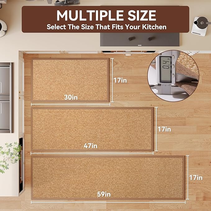 YDKGL Anti Fatigue Kitchen Rugs Mat Non Slip Washable, 0.4" Thick Soft Cushioned Absorbent Kitchen Mats for Floor, Jute-Like Woven Laundry Standing Mats Sink Mat, Easy Clean Care, Brown 17"x30"