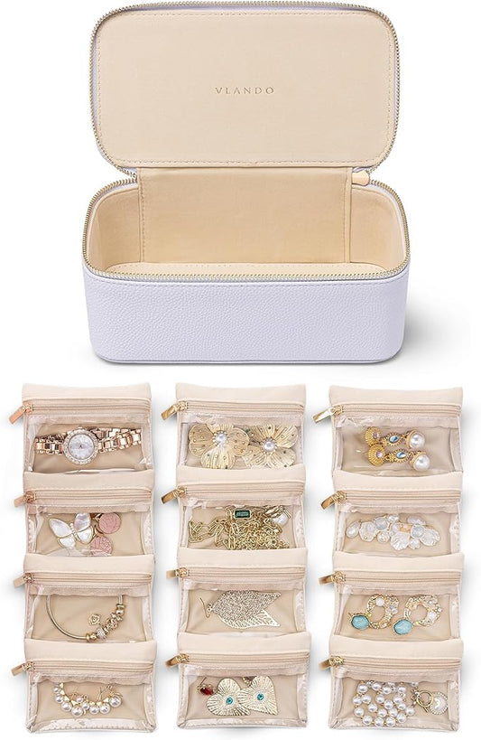 Vlando Jewelry Travel Case, Travel Jewelry Organizer with Clear Velvet Jewelry Bags 12Pcs Zipper Pouch for Women Earrings Organizers-Purple