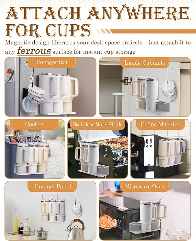 White 2 Pack Magnetic Cup Holder with Lid Holder (1PC) Fridge for 30 & 40 oz Tumbler - Strong Fridge Mount - Water Bottle Organizer for Metal- No Drill Cup Accessories for Car, Kitchen, Office