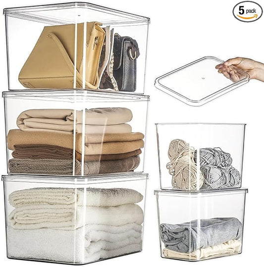 Sgoostood Lidded Plastic Storage Bins Set Clear Desk Basket Box Organizer Kitchen Container Clothes Laundry Closet Cabinet Shelf, Organization and Storage for Shelves Office Bathroom(clear 3XL+2M)