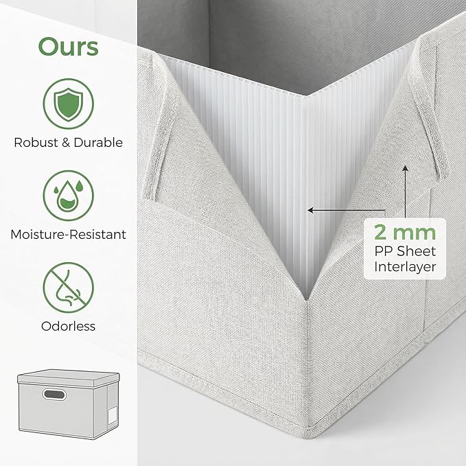 PRANDOM Storage Bins with Lids [3-Pack] Linen Fabric Foldable Storage Boxes Organizer Containers Baskets Cube with Cover for Bedroom Closet Office Beige (11.4"x8.6"x6.7")