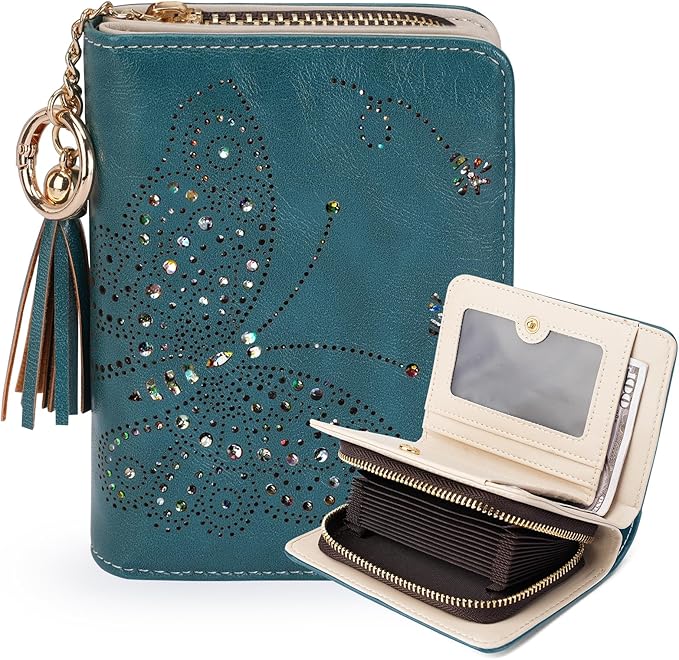 Women RFID Blocking Small Bifold Wallet, Compact Cash Clutch with Zipper Coin Pocket, Glittery Butterfly Design, Credit Card Holder, Travel Purse with Tassel PEACOCK-BLUE