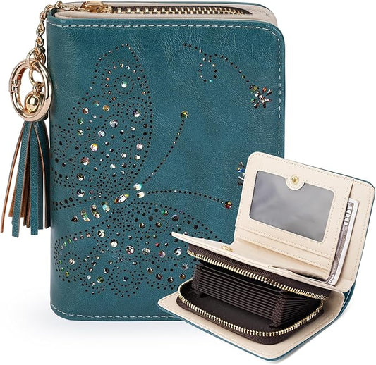 Women RFID Blocking Small Bifold Wallet, Compact Cash Clutch with Zipper Coin Pocket, Glittery Butterfly Design, Credit Card Holder, Travel Purse with Tassel PEACOCK-BLUE