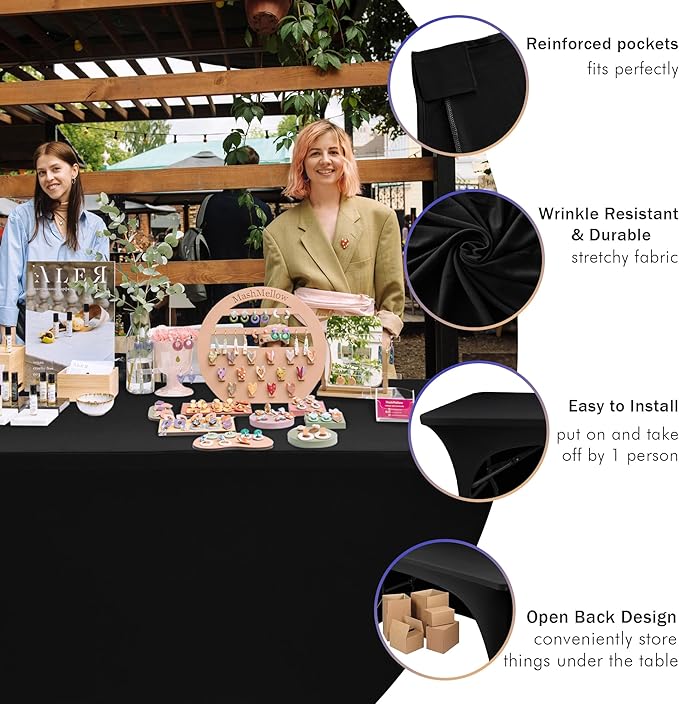 Nasitos 6 Pack Spandex Table Covers 4ft-Open Back Table Cloth, Stretch Fabric Spandex Trade Show Table Covers for 4 Foot Tables Washable, Wrinkle Resistant Table Protector for Craft Show, Party