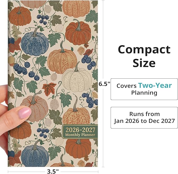 Pocket Calendar 2026-2027 for Purse, Two Year Monthly Planner Pocket Size, Jan 2026 to Dec 2027 Monthly Planner Small Size (6.5" x 3.5") - Pumpkin Patch