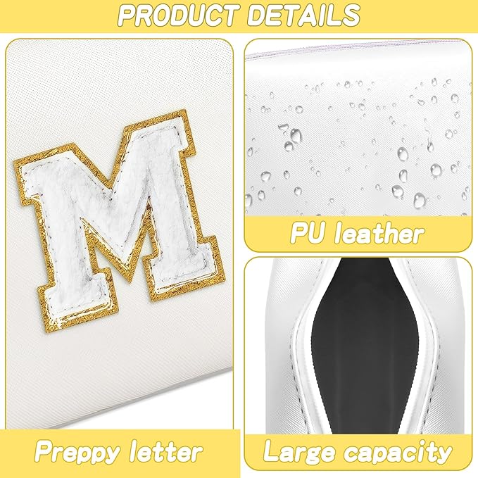 Gifts for Girls Initial Makeup Bag Personalized Cosmetic Bag with Zipper Cute Travel Toiletry Bags Waterproof PU Preppy Makeup Pouch Birthday Gift for Teen Girls Women(White M)