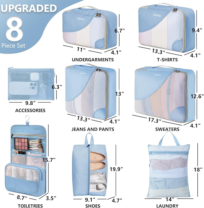 8 Set Packing Cubes for Travel, Gifts for Women Mom,Anti-Tearing Suitcase Organizer for Luggage with Shoe & Hanging Toiletry Bag,OlarHike Vacation Essentials & Accessories for Cruise Ship, Light Blue