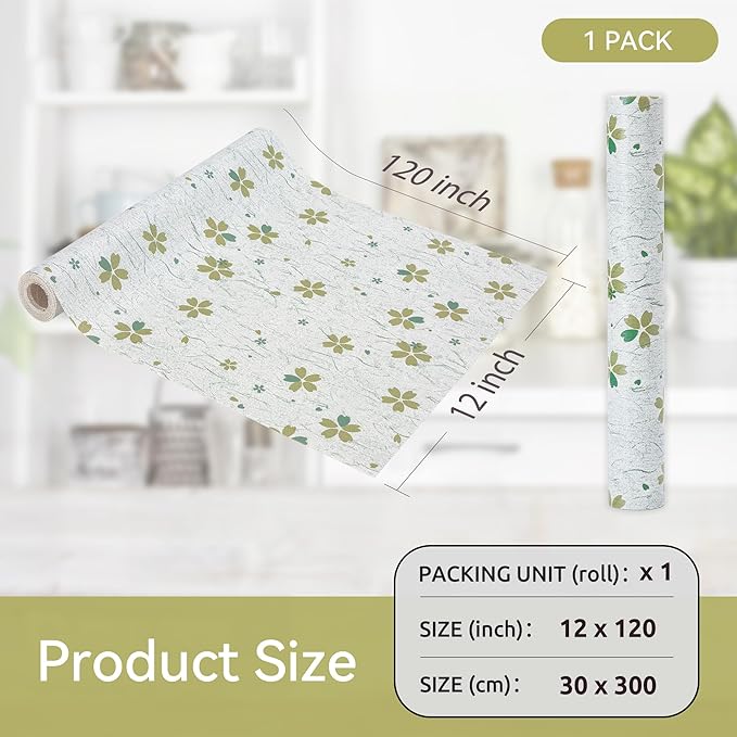 FIFTY FEET 12"x120" Non-Adhesive Shelf Liner for Kitchen Cabinets and Drawers, Washable Non-Slip PVC Cabinet Liner (Green Floral) (1 Roll)