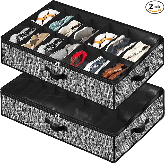 Under Bed Shoe Storage Organizer for Closet 2 Pack- Fits 32 Pairs Underbed Shoes Container Boxes Black