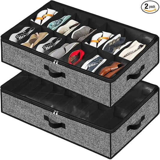 Under Bed Shoe Storage Organizer for Closet, 2 Pack - Fits 28 Pairs, Underbed Shoe Container Boxes with 2 Sturdy Handles and Clear Window, Black