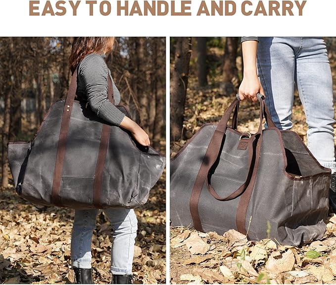 Waxed Canvas Log Carrier Tote Bag, Extra Large Durable Firewood Holder with Handles and Shoulder Strap, Heavy Duty Wood Carrying Bag for Fireplaces Grey