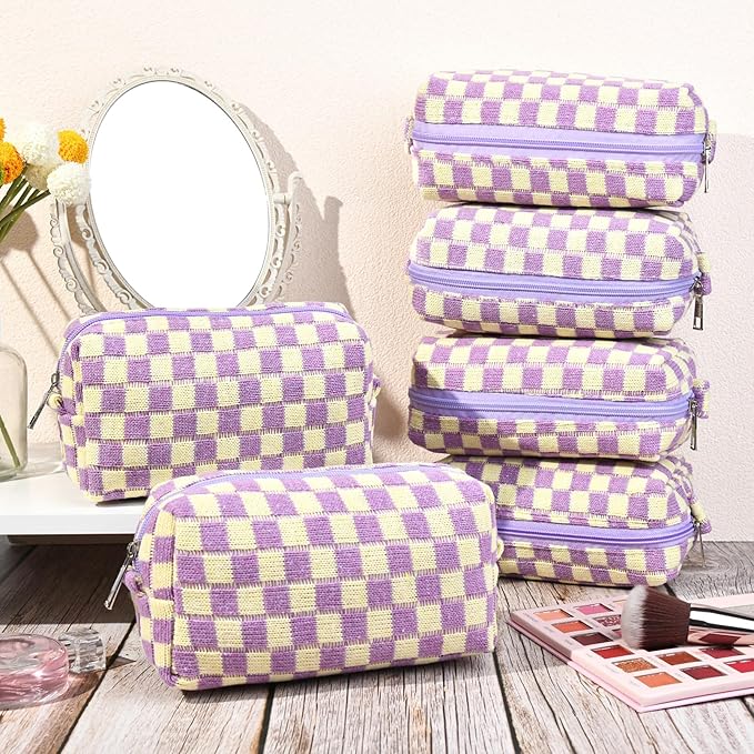 SOIDRAM Checkered Makeup Bag Preppy Cosmetic Bag Bulk Purple Makeup Pouch Personalize Travel Toiletry Bag Organizer Cute DIY Makeup Brushes Storage Bag for Women