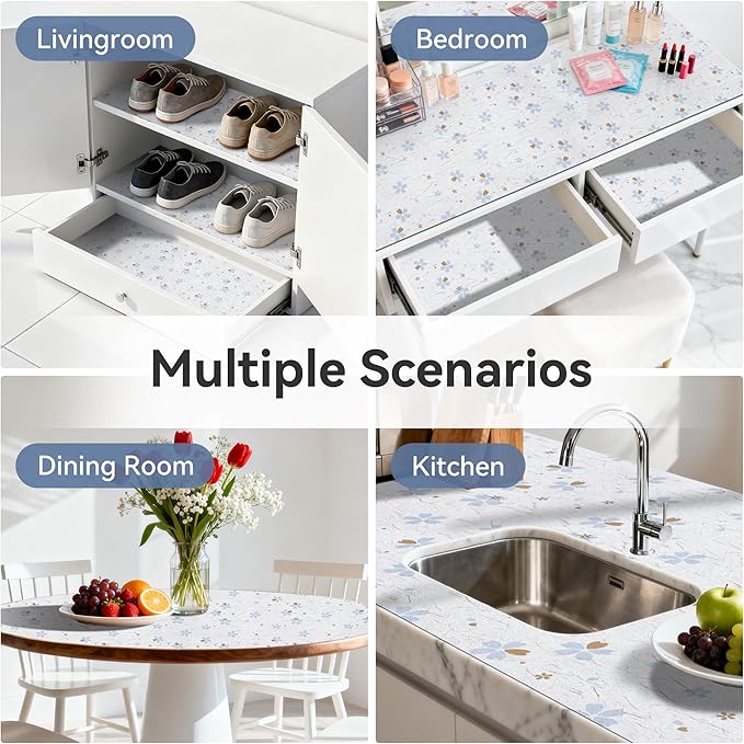 FIFTY FEET 12"x120" Non-Adhesive Shelf Liner for Kitchen Cabinets and Drawers, Washable Non-Slip PVC Cabinet Liner (White Floral)(10 Roll)